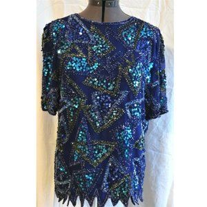 Vintage! STYLEWORKS Silk ~ Sequined Beaded Blue Blouse W/ Peacock Colors  Size M